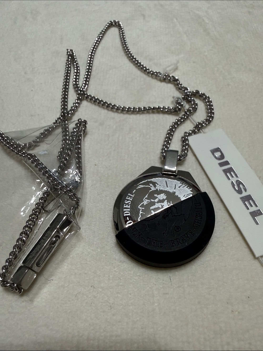 Diesel Silver and Black Round Logo Pendant Necklace